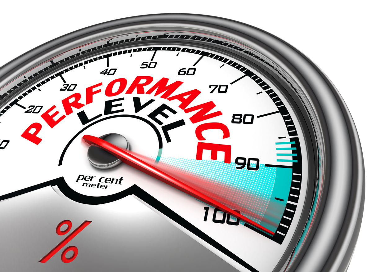tachometer that reads 'performance level'